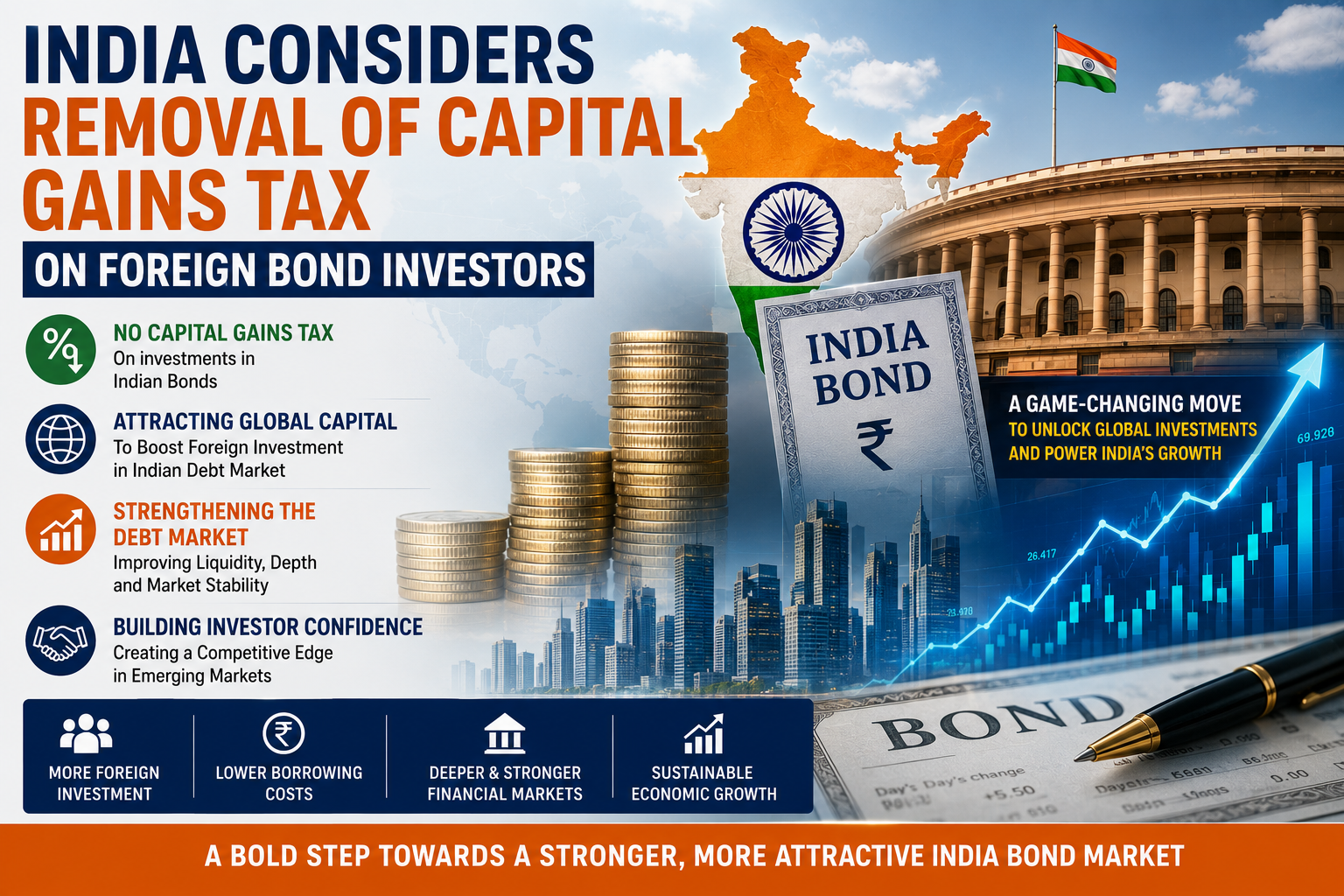 India considering removal of capital gains tax on foreign bond investors to attract global capital and strengthen the debt market