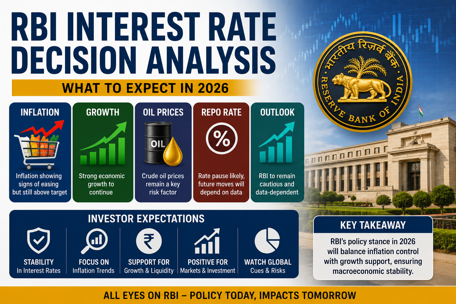 RBI interest rate decision analysis showing inflation growth oil prices repo rate outlook and investor expectations in India 2026