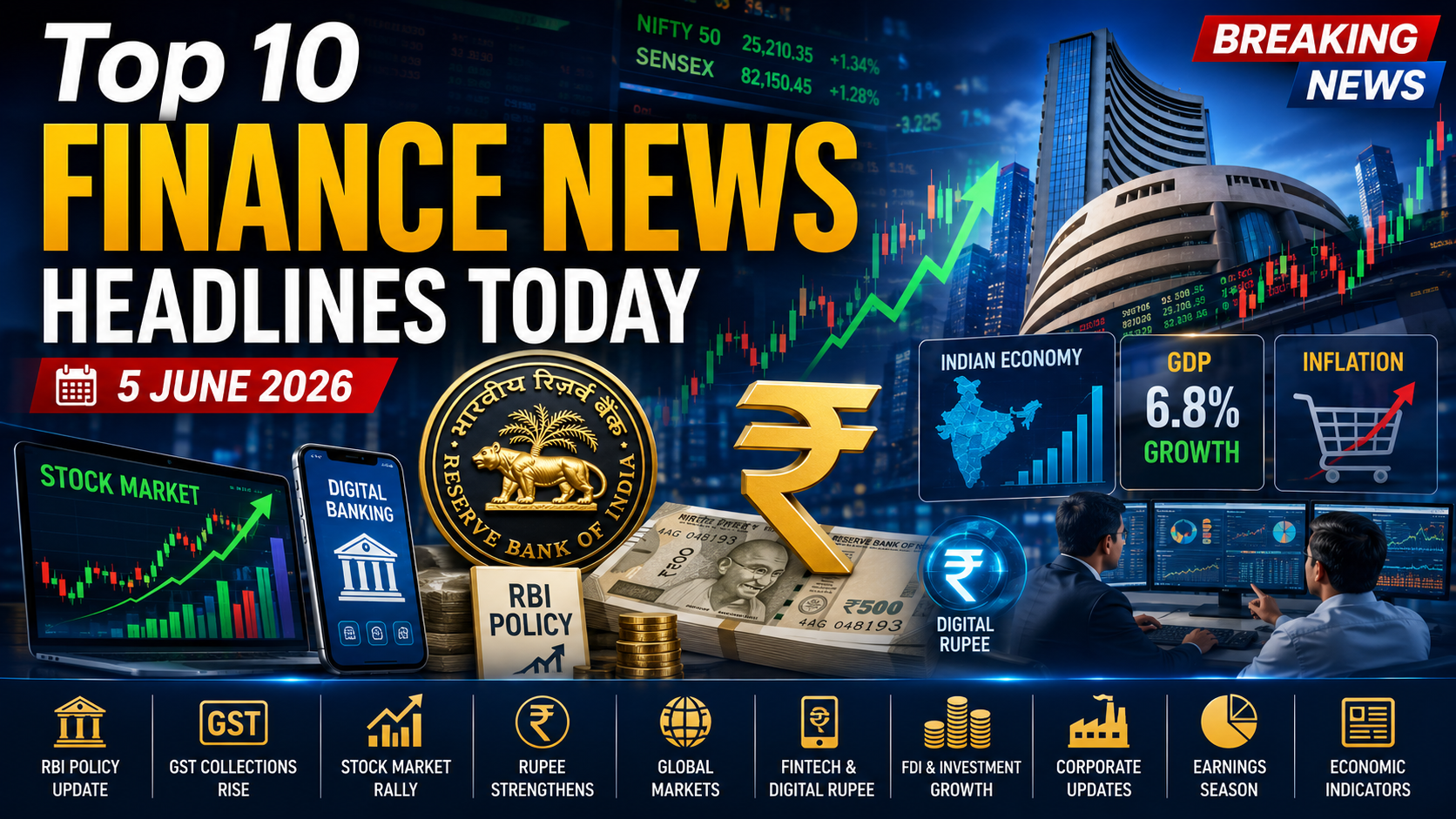 Top 10 finance news headlines today 5 June 2026 featuring RBI policy GST collections stock market updates rupee movement digital rupee and Indian economy news