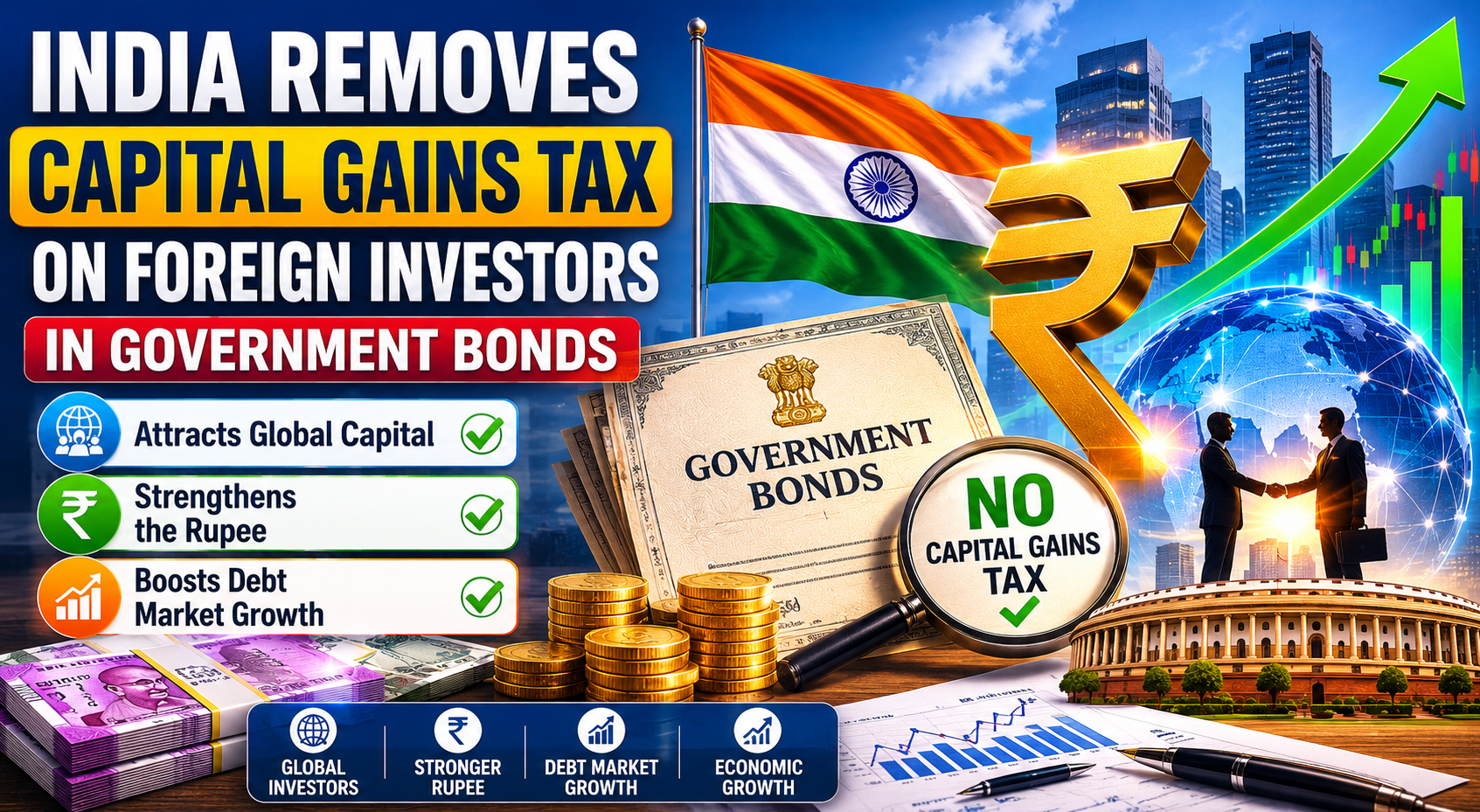 India removes capital gains tax on foreign investors in government bonds to attract global capital strengthen the rupee and boost debt market growth