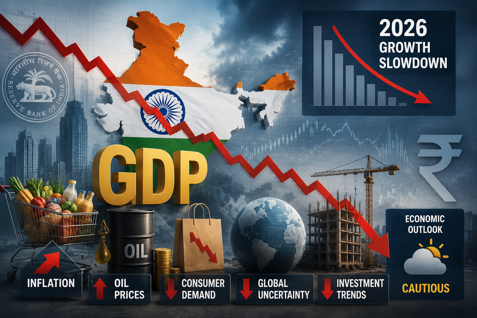 India GDP growth slowdown in 2026 showing impact of inflation oil prices consumer demand global uncertainty investment trends and economic outlook