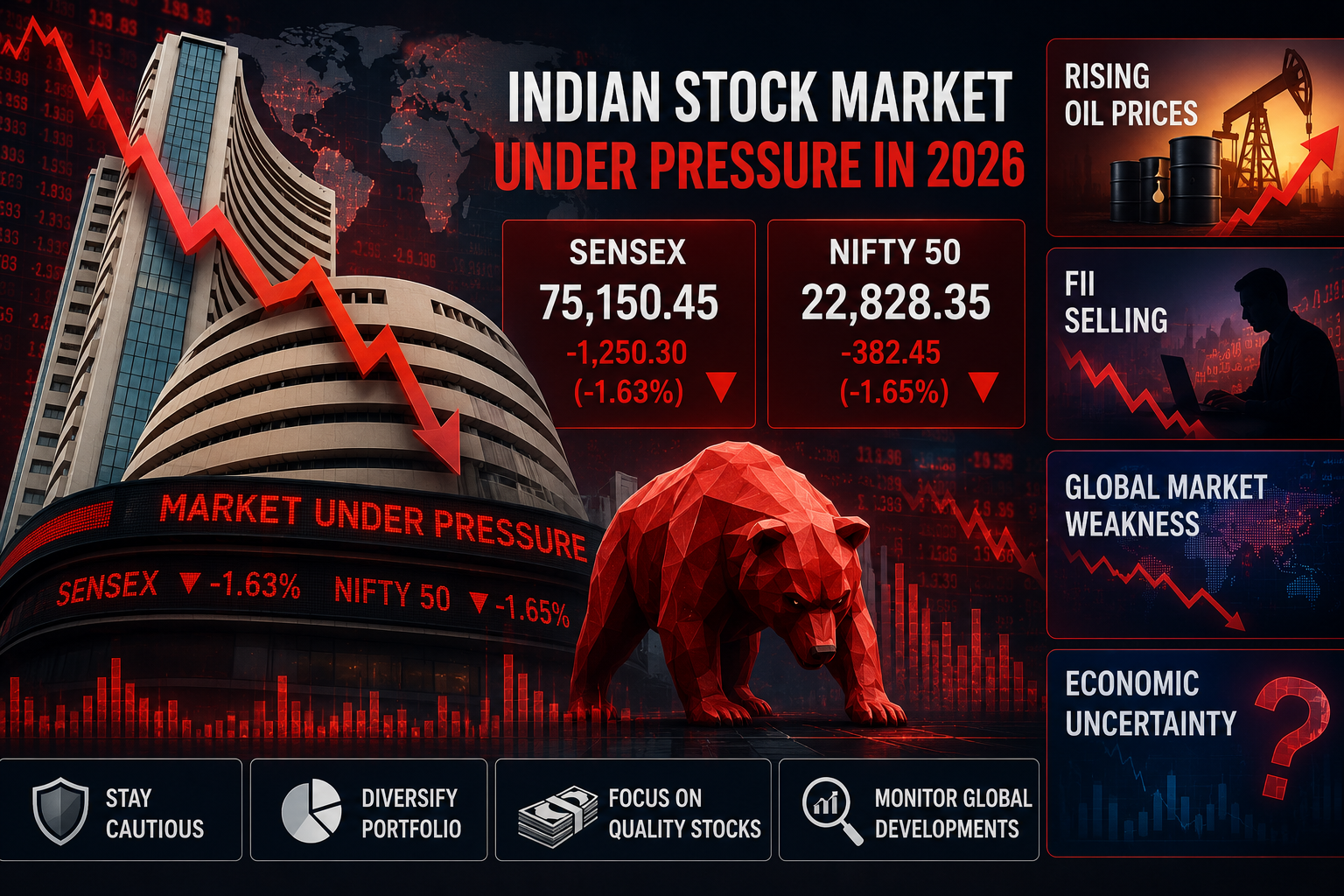 Indian stock market analysis showing Sensex and Nifty under pressure from rising oil prices FII selling global market weakness and economic uncertainty in 2026