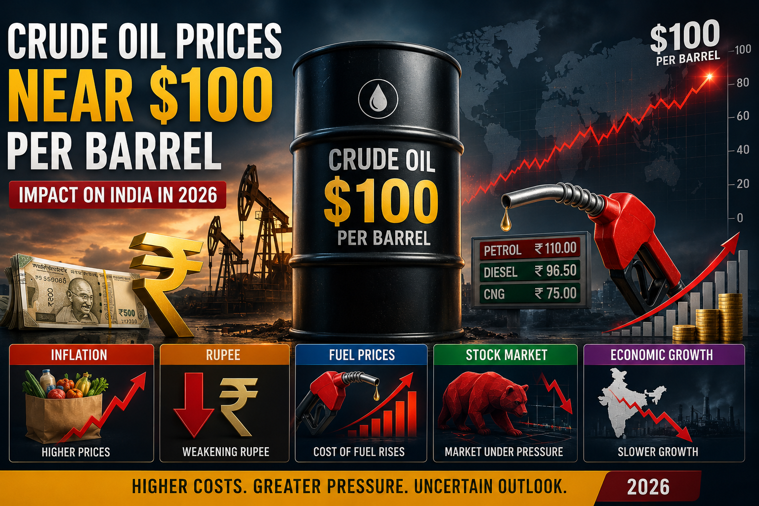 Crude oil prices near 100 dollars per barrel showing impact on India's inflation rupee fuel prices stock market and economic growth in 2026