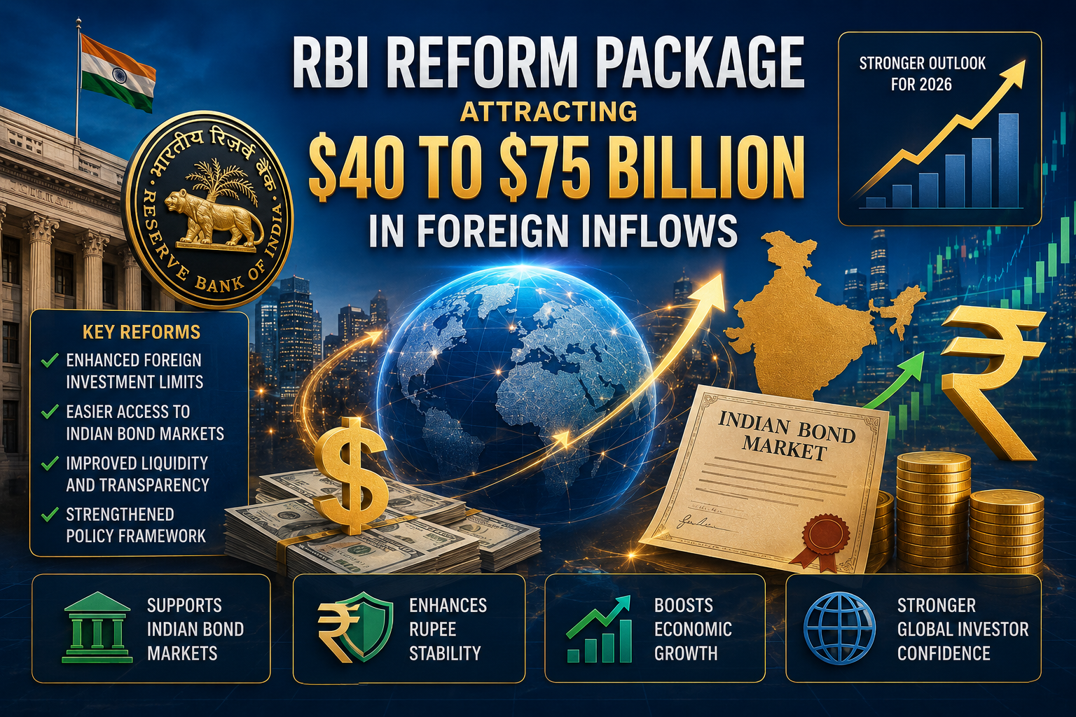 RBI reform package attracting 40 to 75 billion dollars in foreign inflows supporting Indian bond markets rupee stability and economic growth in 2026