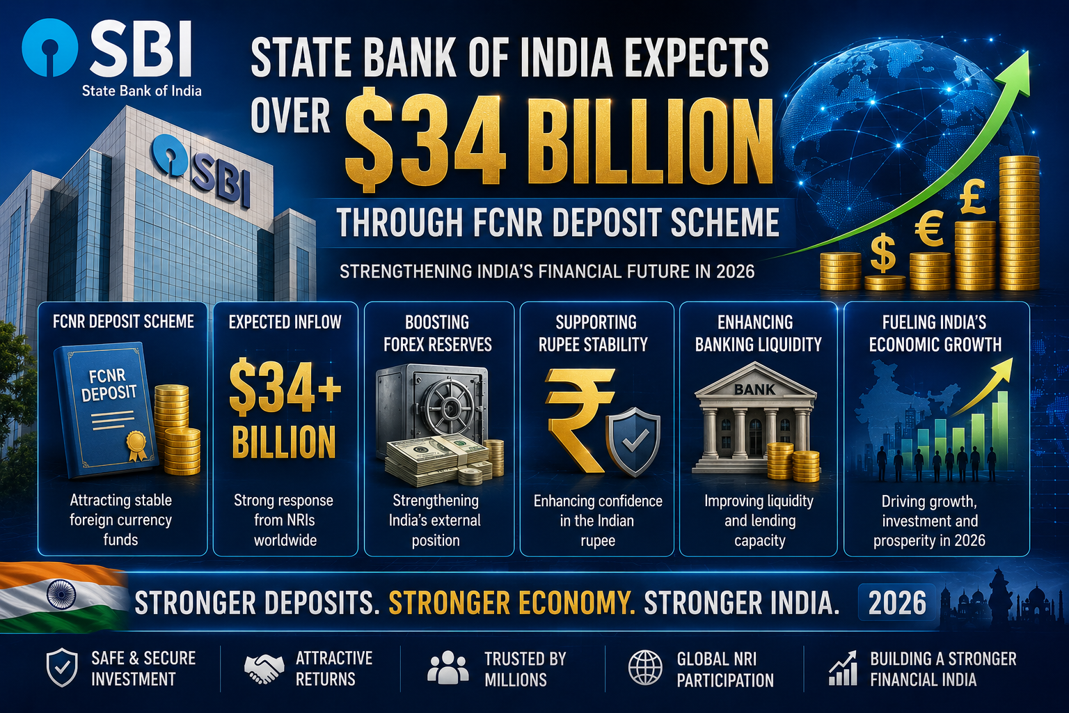 State Bank of India expects over 34 billion dollars through FCNR deposit scheme boosting forex reserves rupee stability banking liquidity and India's economy in 2026