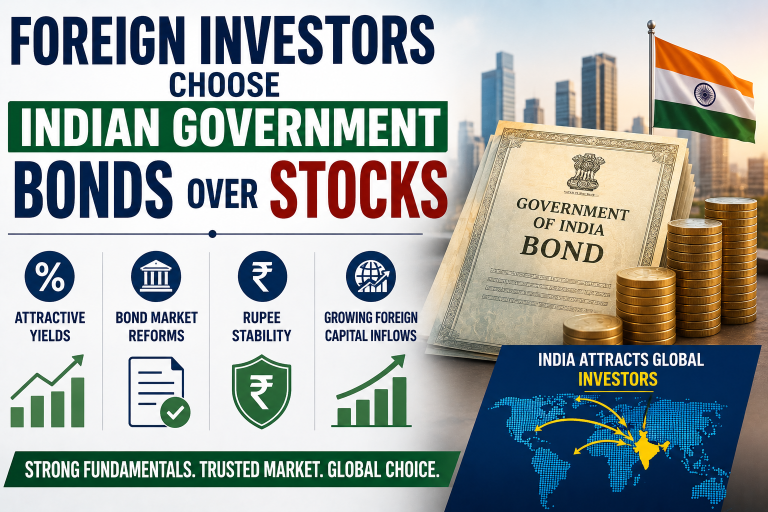 Foreign investors choosing Indian government bonds over stocks due to attractive yields bond market reforms rupee stability and growing foreign capital inflows in 2026