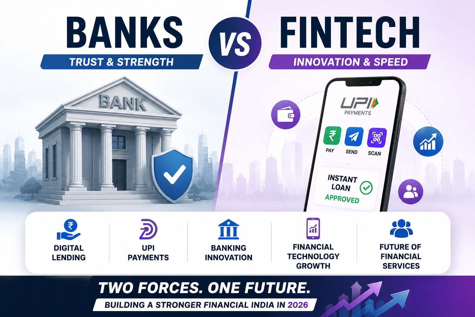 Banks versus fintech companies in India showing digital lending UPI payments banking innovation financial technology growth and the future of financial services in 2026