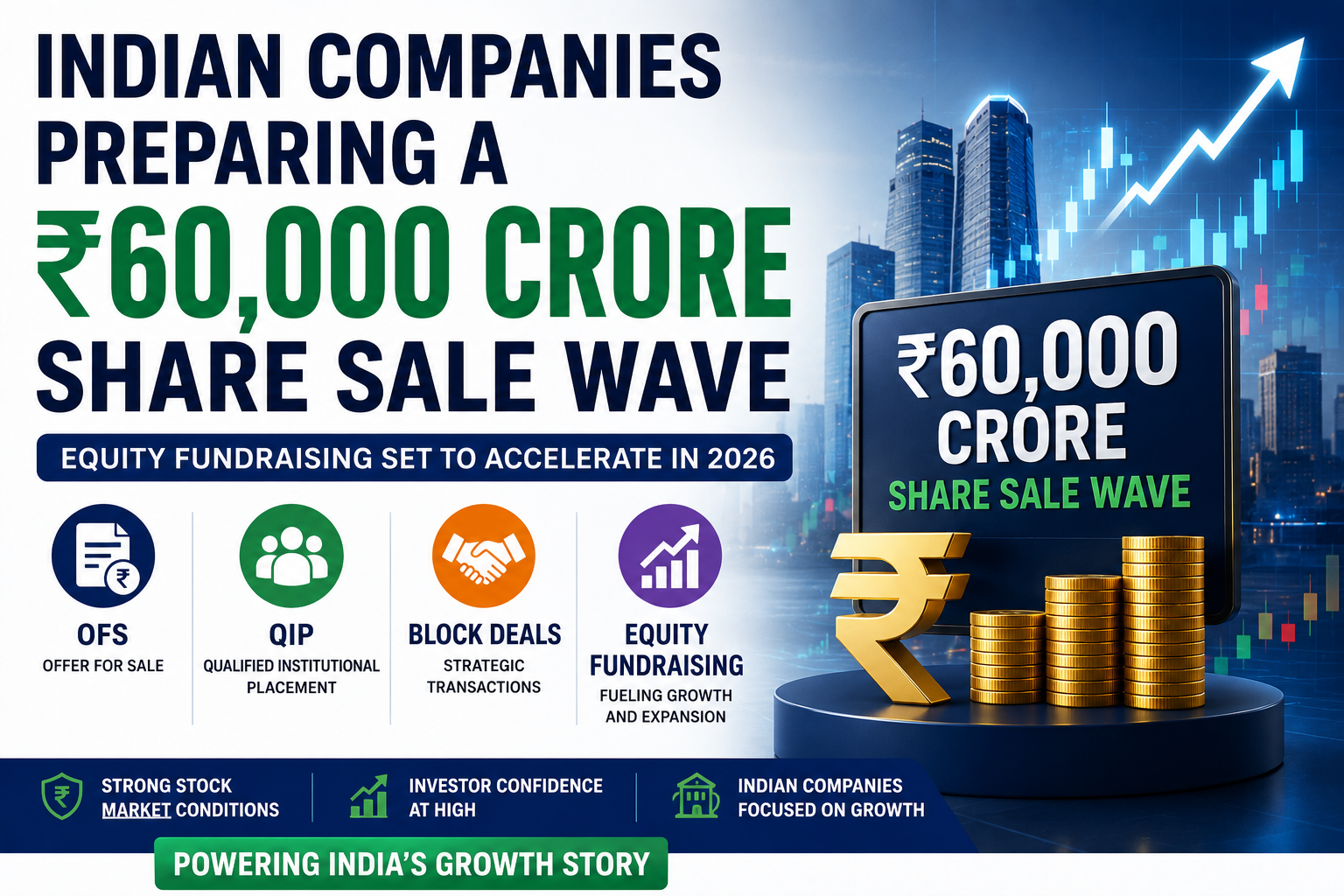 Indian companies preparing a 60000 crore rupee share sale wave through OFS QIP block deals and equity fundraising amid strong stock market conditions in 2026