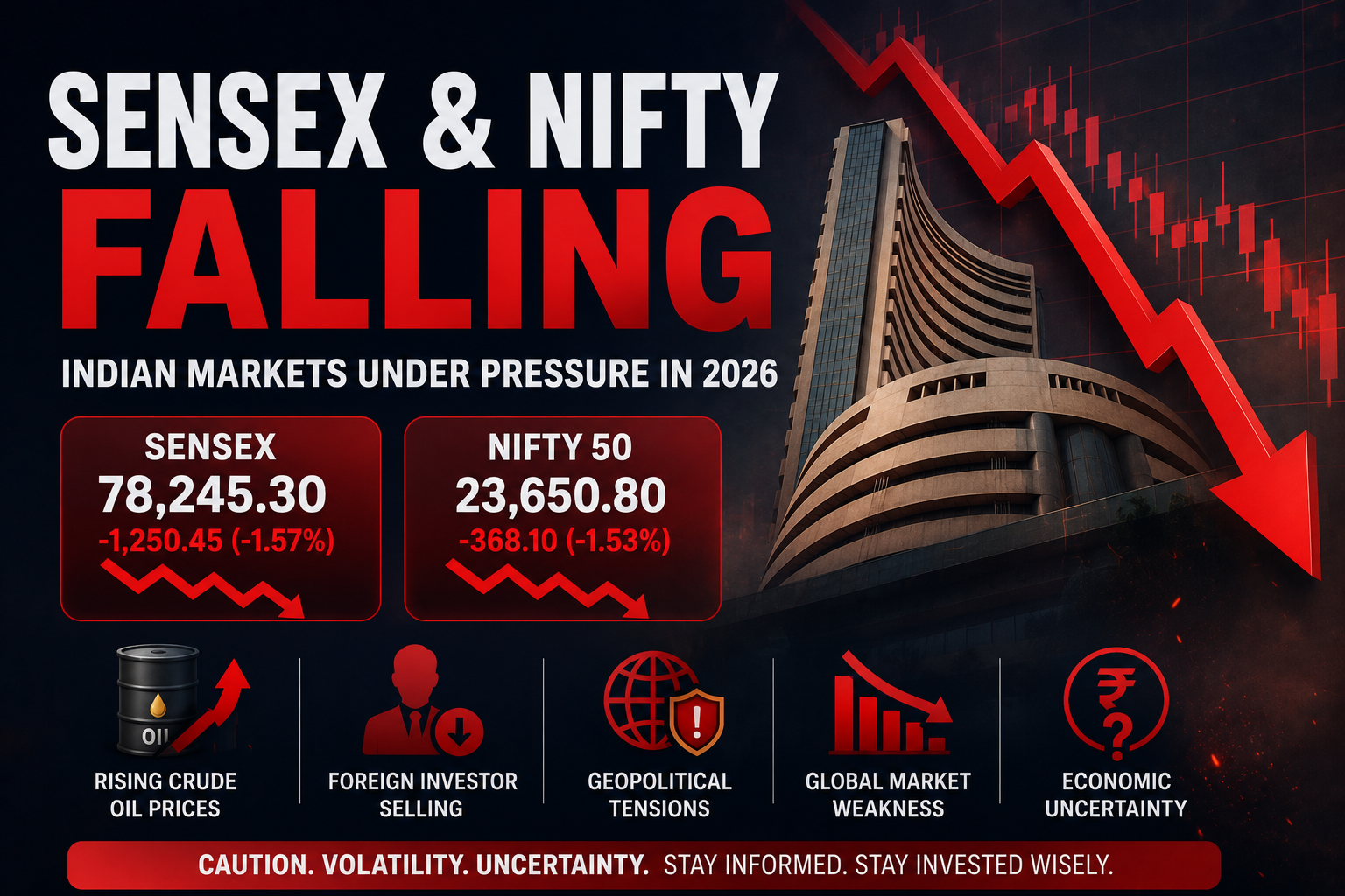 Sensex and Nifty falling due to rising crude oil prices foreign investor selling geopolitical tensions global market weakness and economic uncertainty affecting Indian markets in 2026