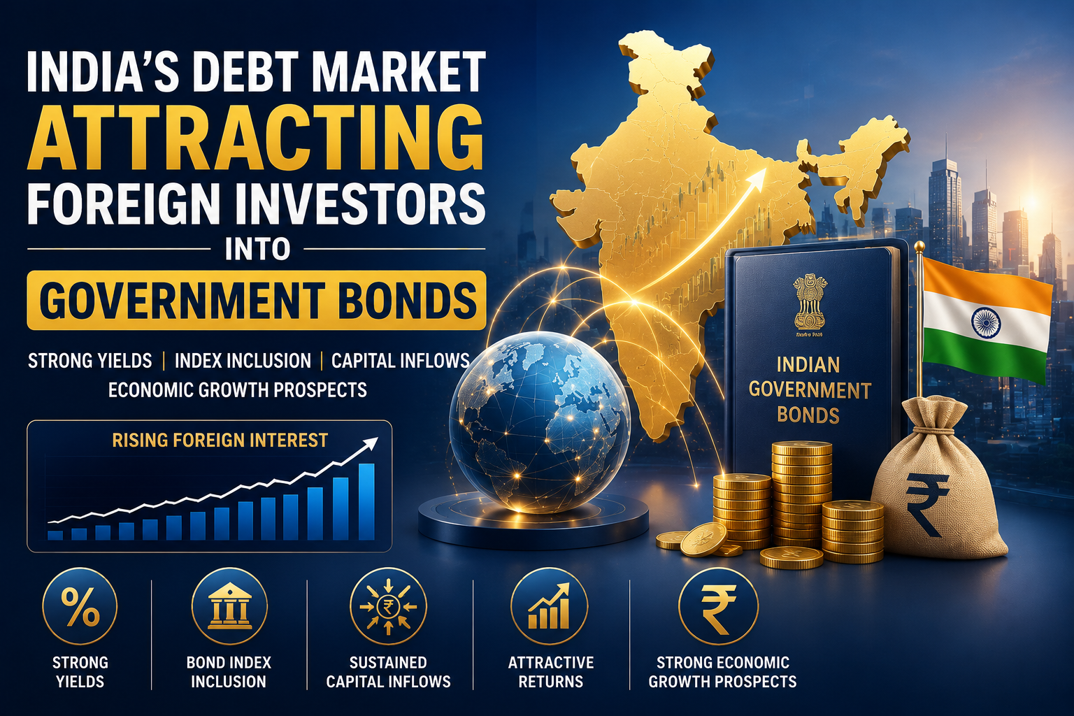 India's debt market attracting foreign investors into government bonds driven by strong yields bond index inclusion capital inflows and economic growth prospects in 2026