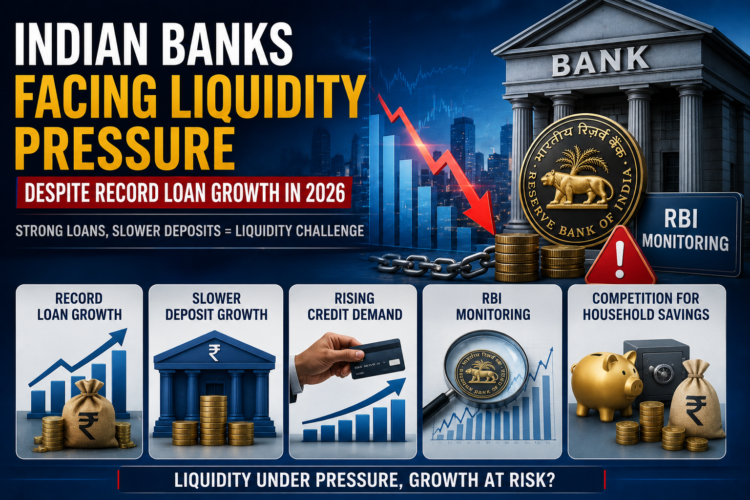 Indian banks facing liquidity pressure despite record loan growth due to slower deposit growth rising credit demand RBI monitoring and competition for household savings in 2026