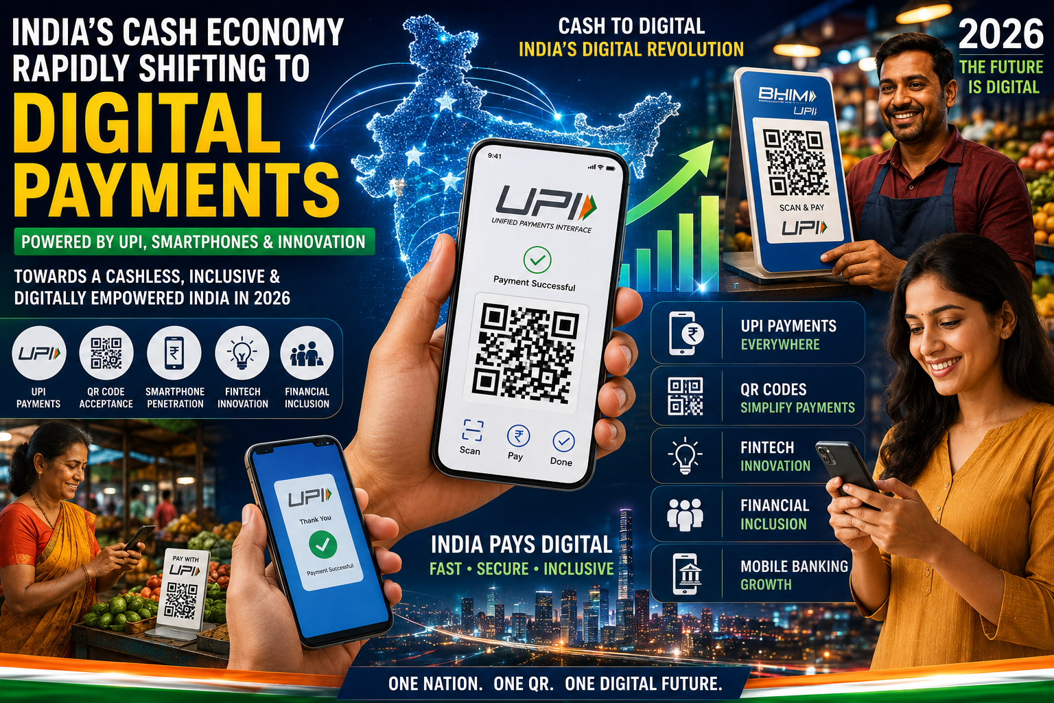 India's cash economy rapidly shifting to digital payments through UPI QR codes smartphones fintech innovation financial inclusion and mobile banking growth in 2026