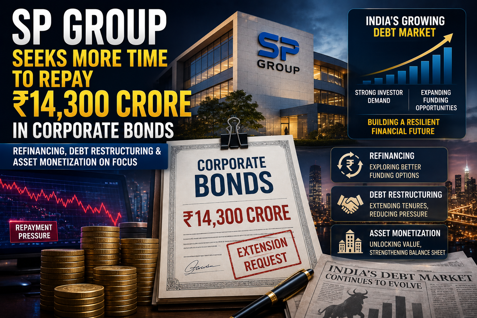 SP Group seeking more time to repay 14300 crore rupees in corporate bonds highlighting refinancing debt restructuring asset monetization and India's growing debt market in 2026
