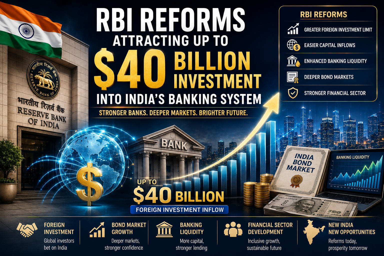 RBI reforms attracting up to 40 billion dollars into India's banking system through foreign investment bond market growth banking liquidity and financial sector development in 2026