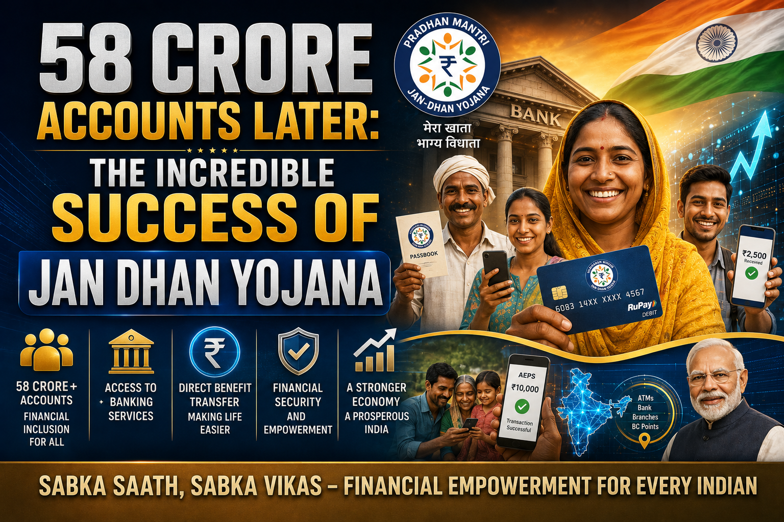 Jan Dhan Yojana crossing 58 crore accounts highlighting financial inclusion banking access direct benefit transfers digital banking and economic empowerment across India