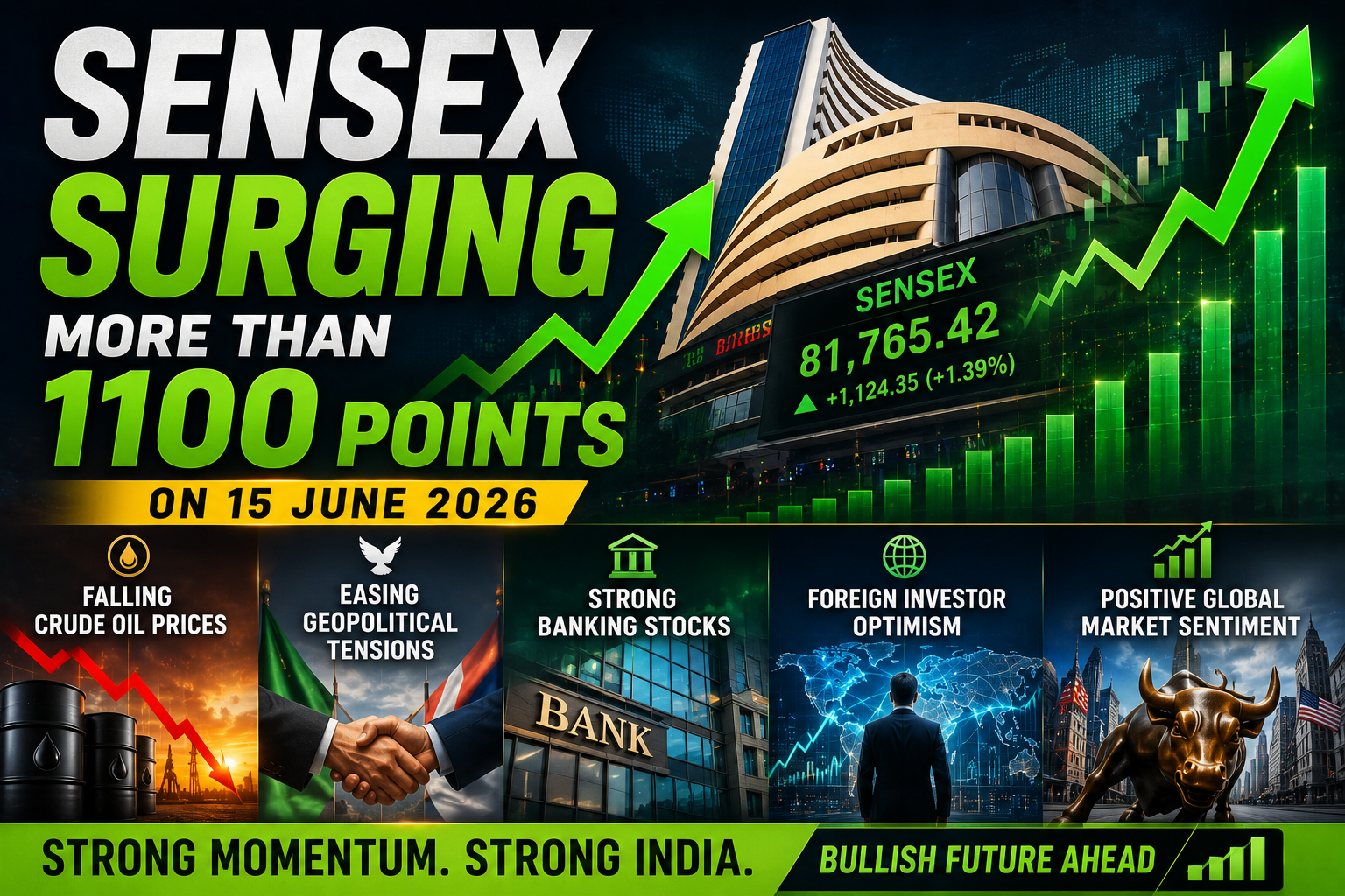 Sensex surging more than 1100 points on 15 June 2026 driven by falling crude oil prices easing geopolitical tensions strong banking stocks foreign investor optimism and positive global market sentiment