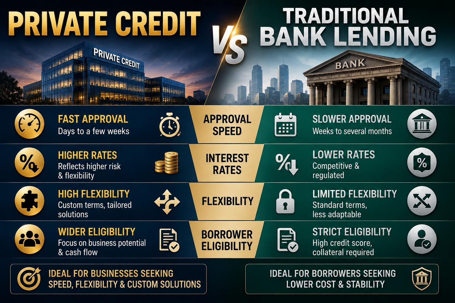 Private Credit vs Traditional Bank Lending comparison showing approval speed, interest rates, flexibility, and borrower eligibility