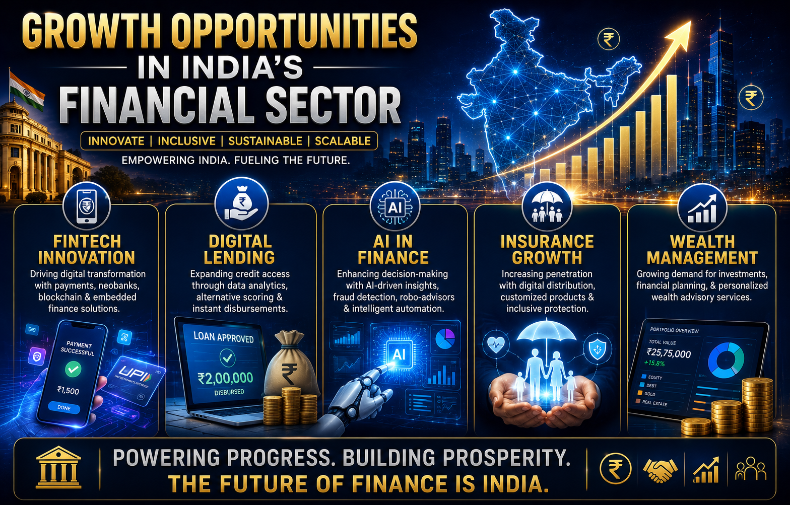 Growth opportunities in India's financial sector including fintech, digital lending, AI finance, insurance and wealth management