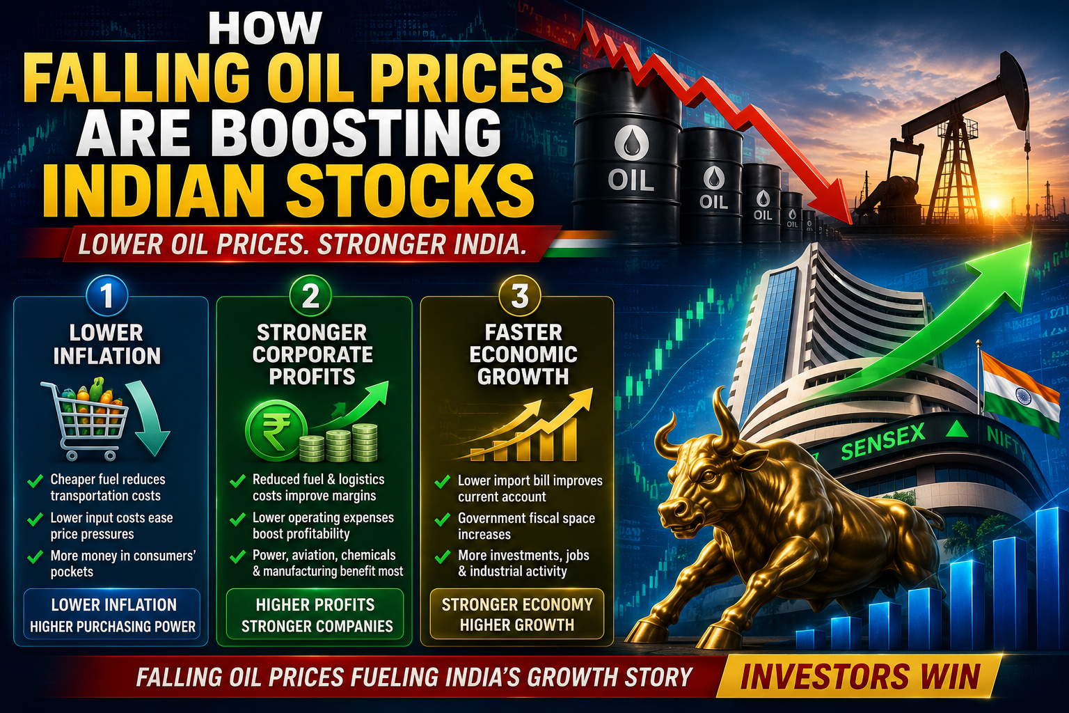 How falling oil prices are boosting Indian stocks through lower inflation, stronger corporate profits, and economic growth