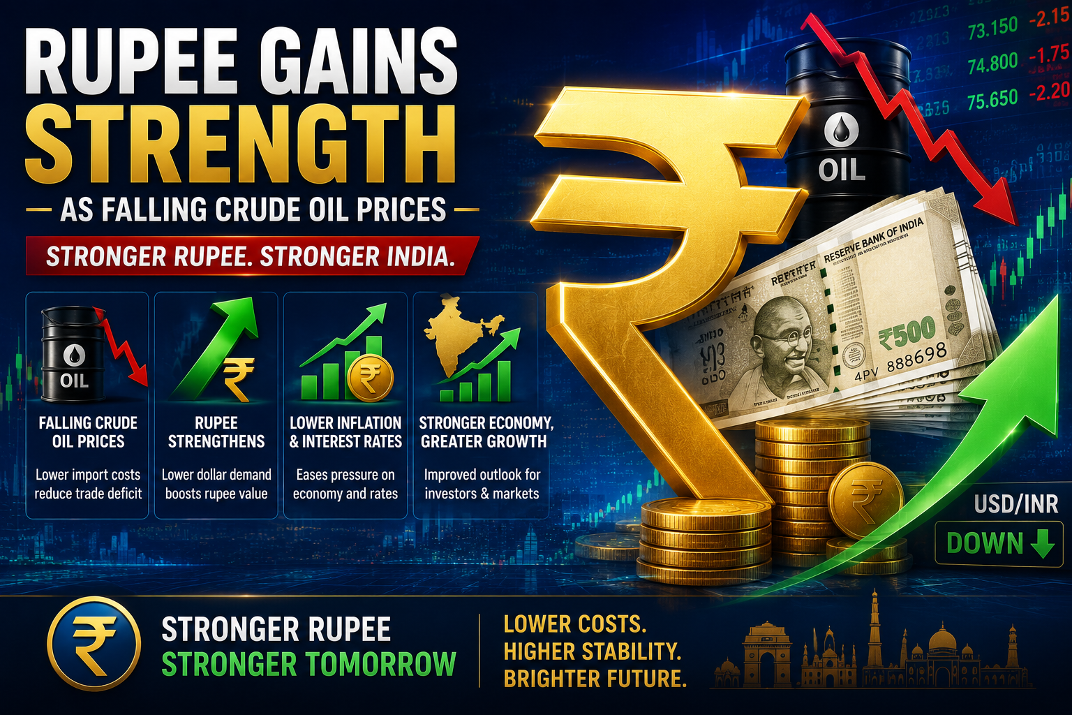 Rupee gains strength due to falling crude oil prices