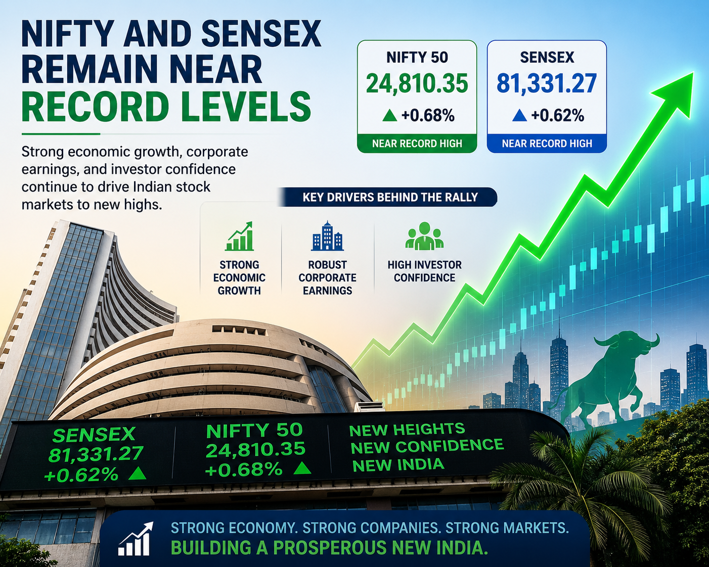 Nifty and Sensex remain near record levels as strong economic growth, corporate earnings, and investor confidence drive Indian stock markets