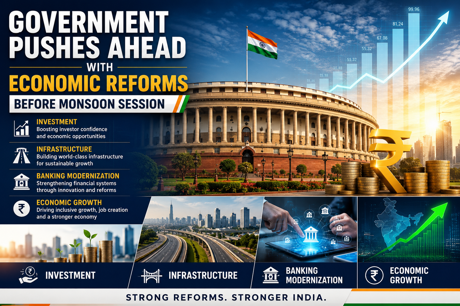 Government pushes ahead with economic reforms before Monsoon Session focusing on investment, infrastructure, banking modernization, and economic growth