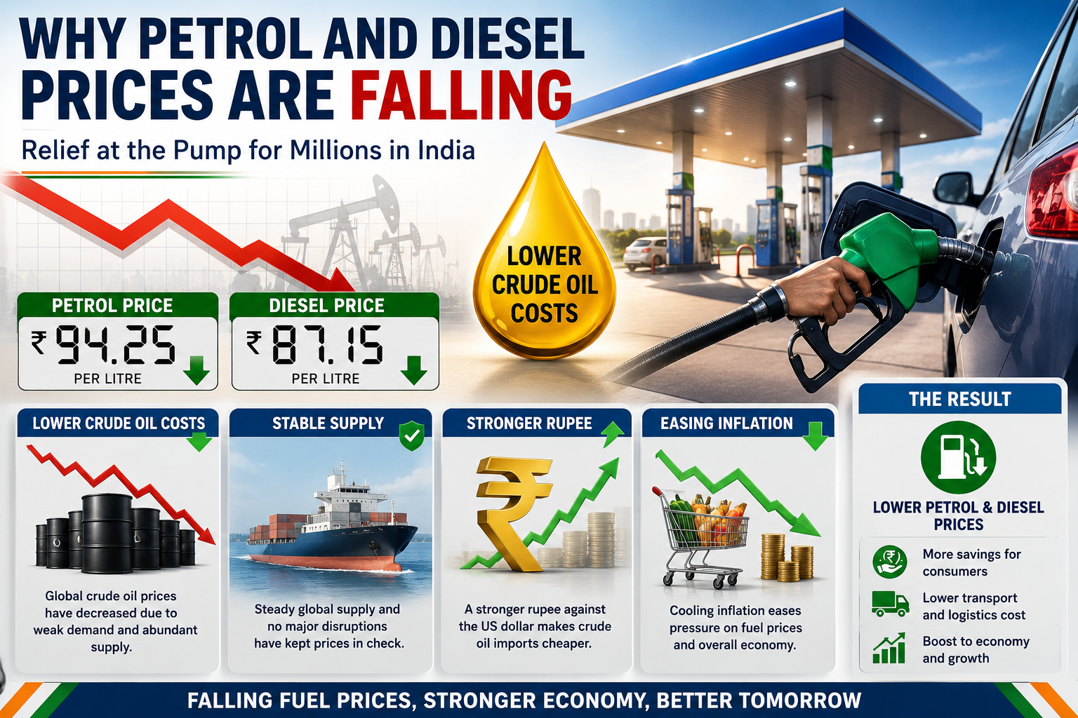 Why petrol and diesel prices are falling due to lower crude oil costs, stable supply, stronger rupee, and easing inflation in India