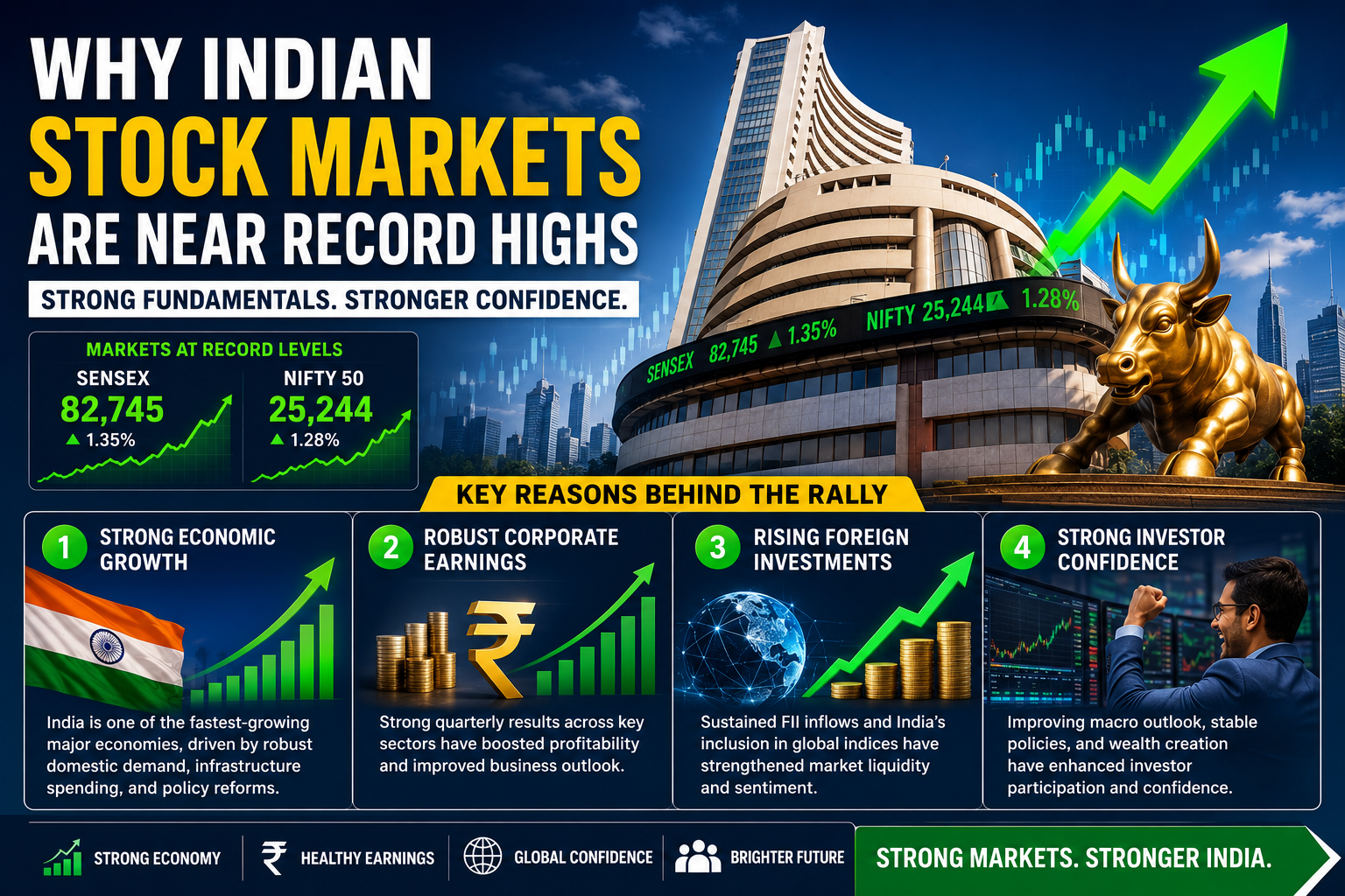 Why Indian stock markets are near record highs driven by economic growth, corporate earnings, foreign investment, and strong investor confidence