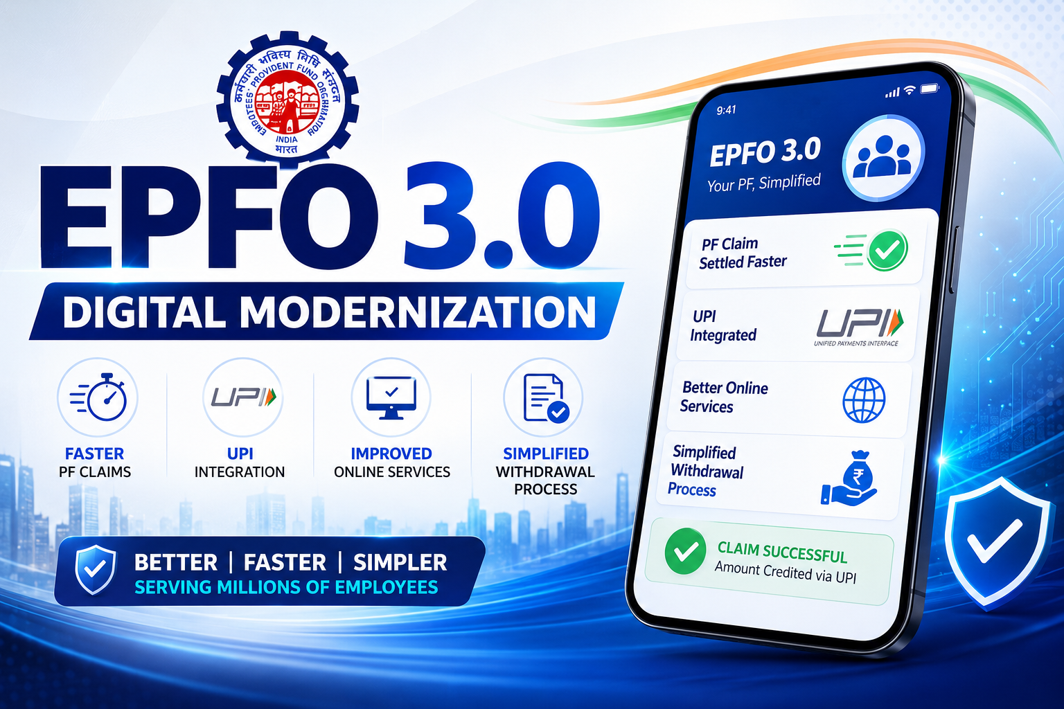 EPFO 3.0 digital modernization featuring faster PF claims, UPI integration, improved online services, and simplified withdrawal process for employees