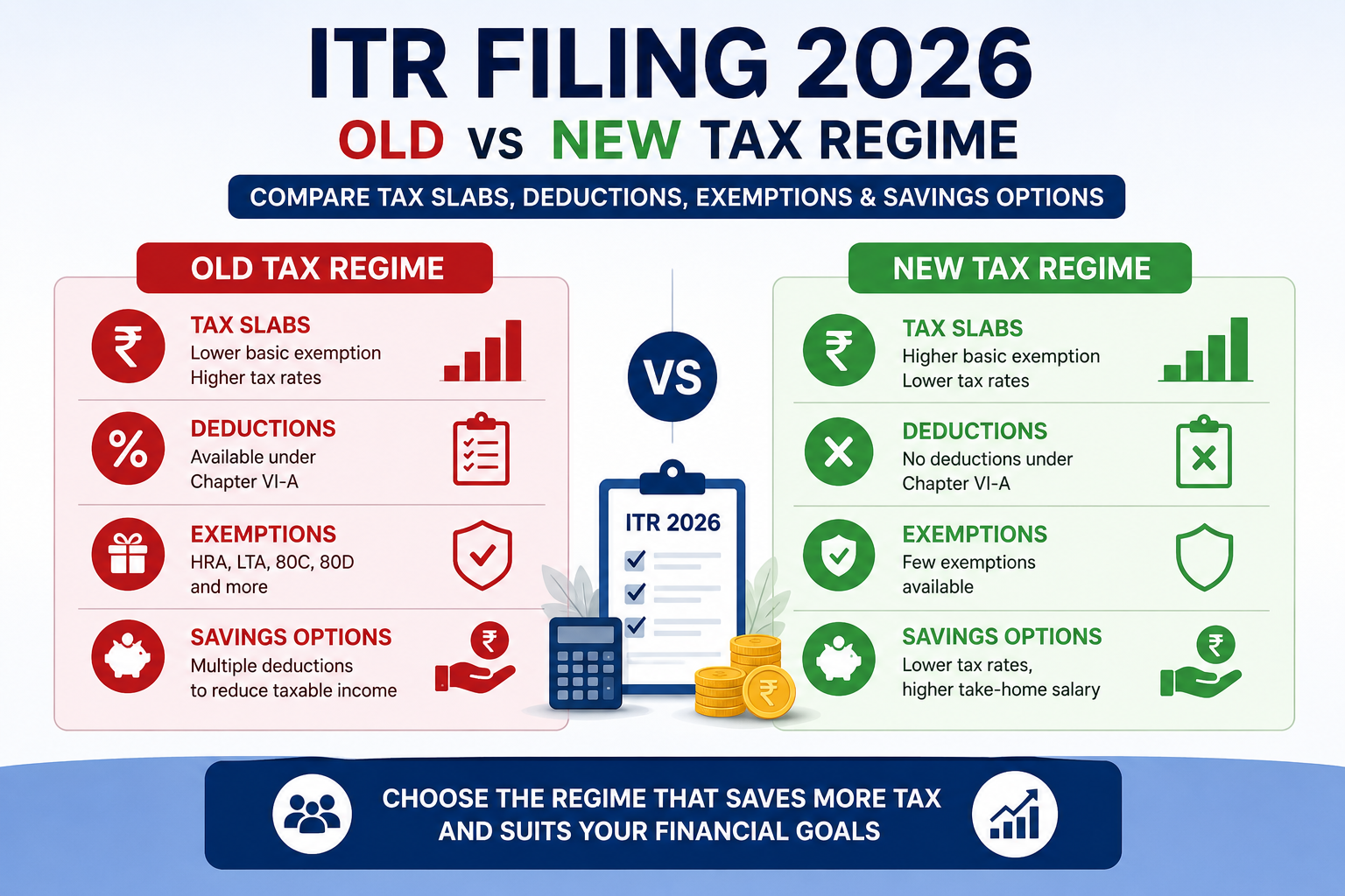 ITR Filing 2026 comparison of old vs new tax regime showing tax slabs, deductions, exemptions, and savings options for Indian taxpayers
