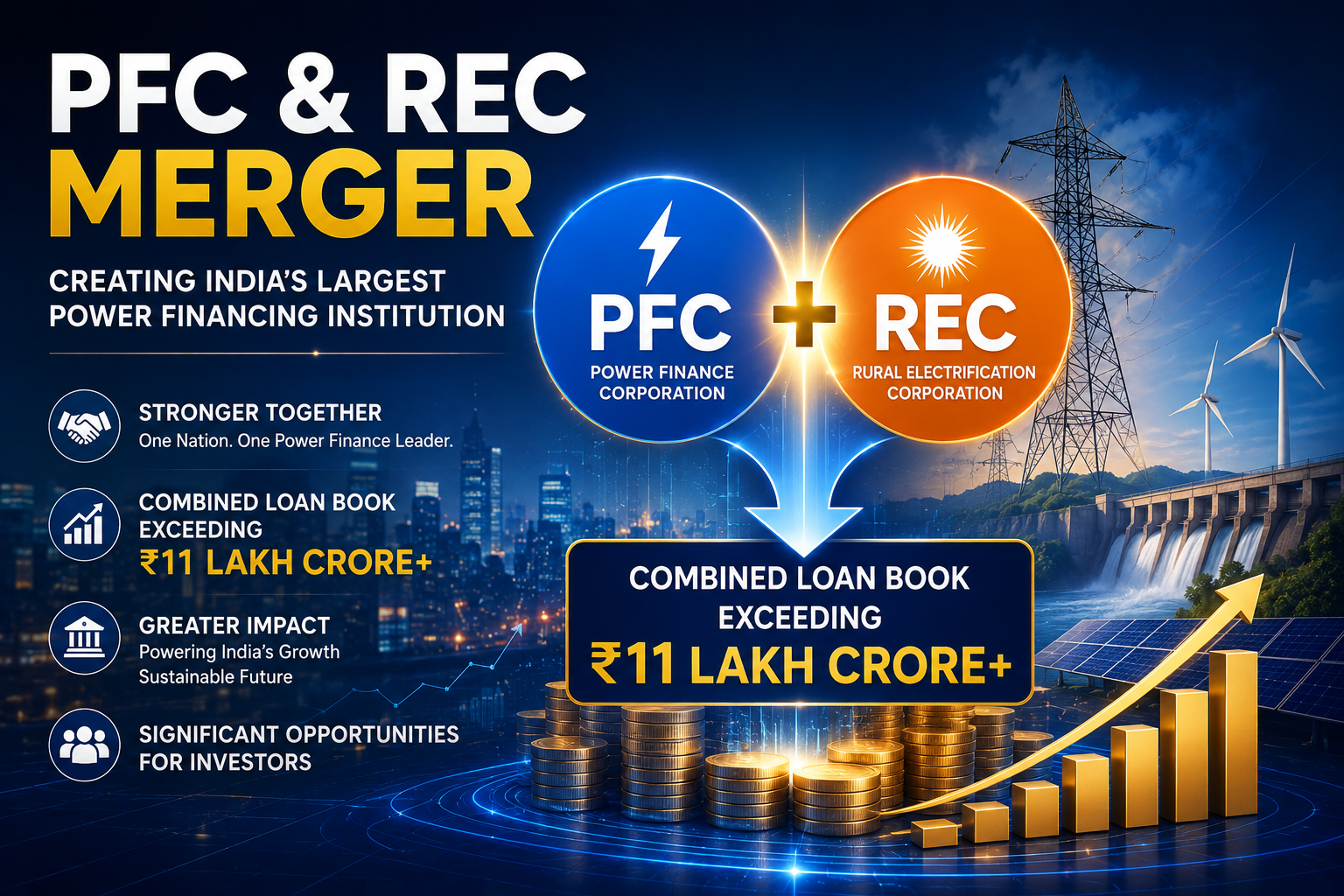 PFC and REC merger creating India's largest power financing institution with a combined loan book exceeding ₹11 lakh crore and major implications for investors