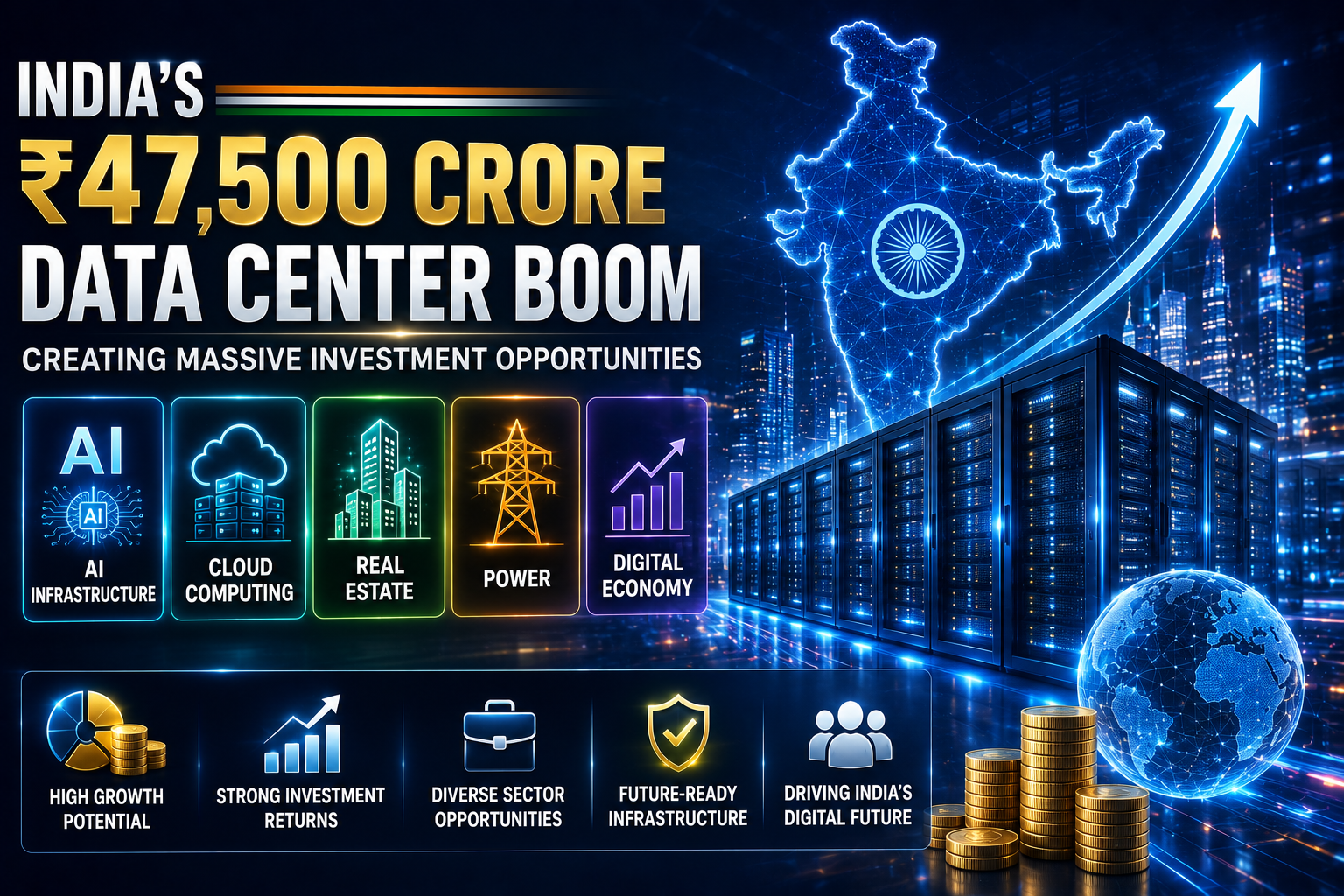 India's ₹47,500 crore data center boom creating investment opportunities across AI infrastructure, cloud computing, real estate, power, and digital economy sectors