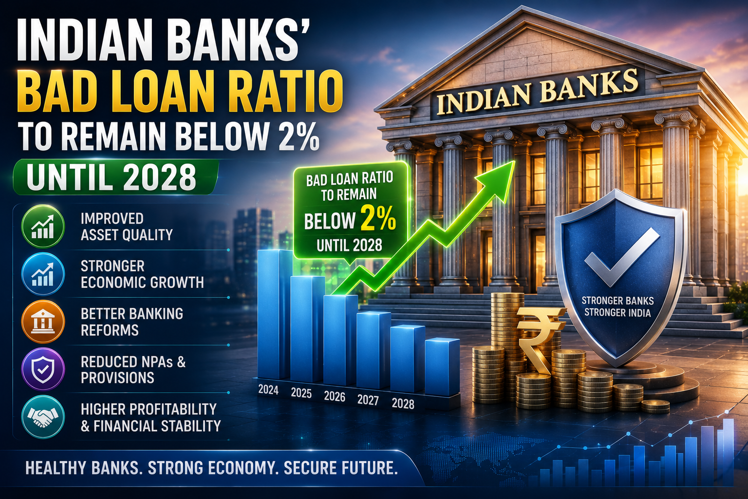 Indian banks' bad loan ratio expected to remain below 2 percent until 2028 due to improved asset quality, stronger economic growth, and better banking reforms