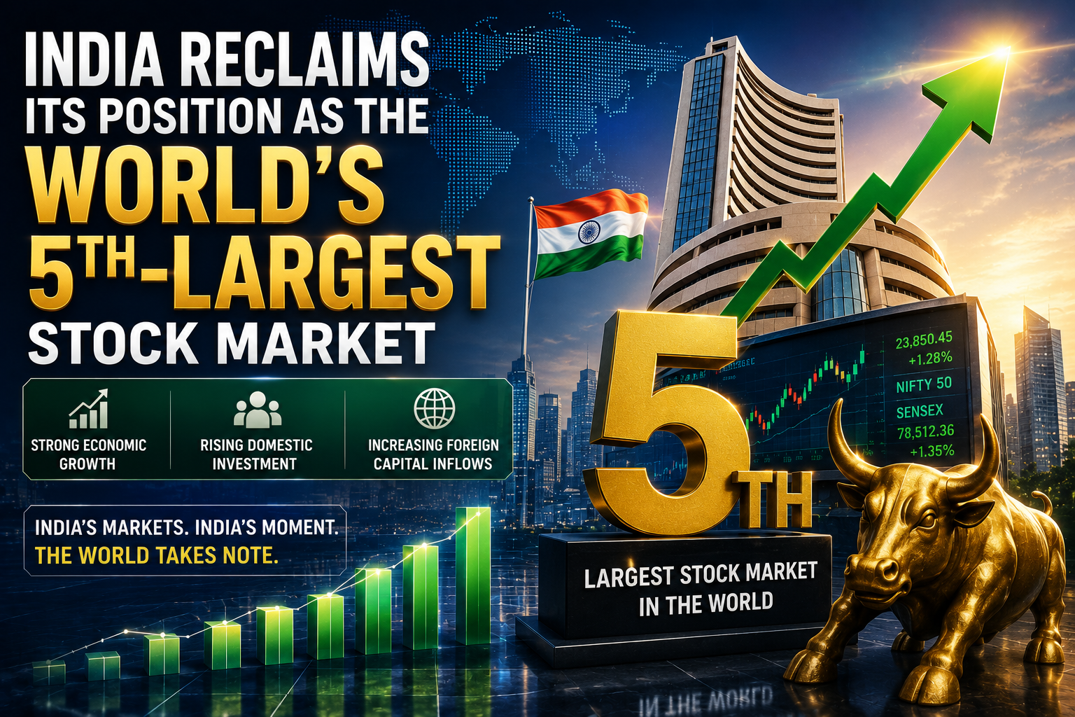 India reclaims its position as the world's fifth-largest stock market driven by strong economic growth, rising domestic investment, and increasing foreign capital inflows