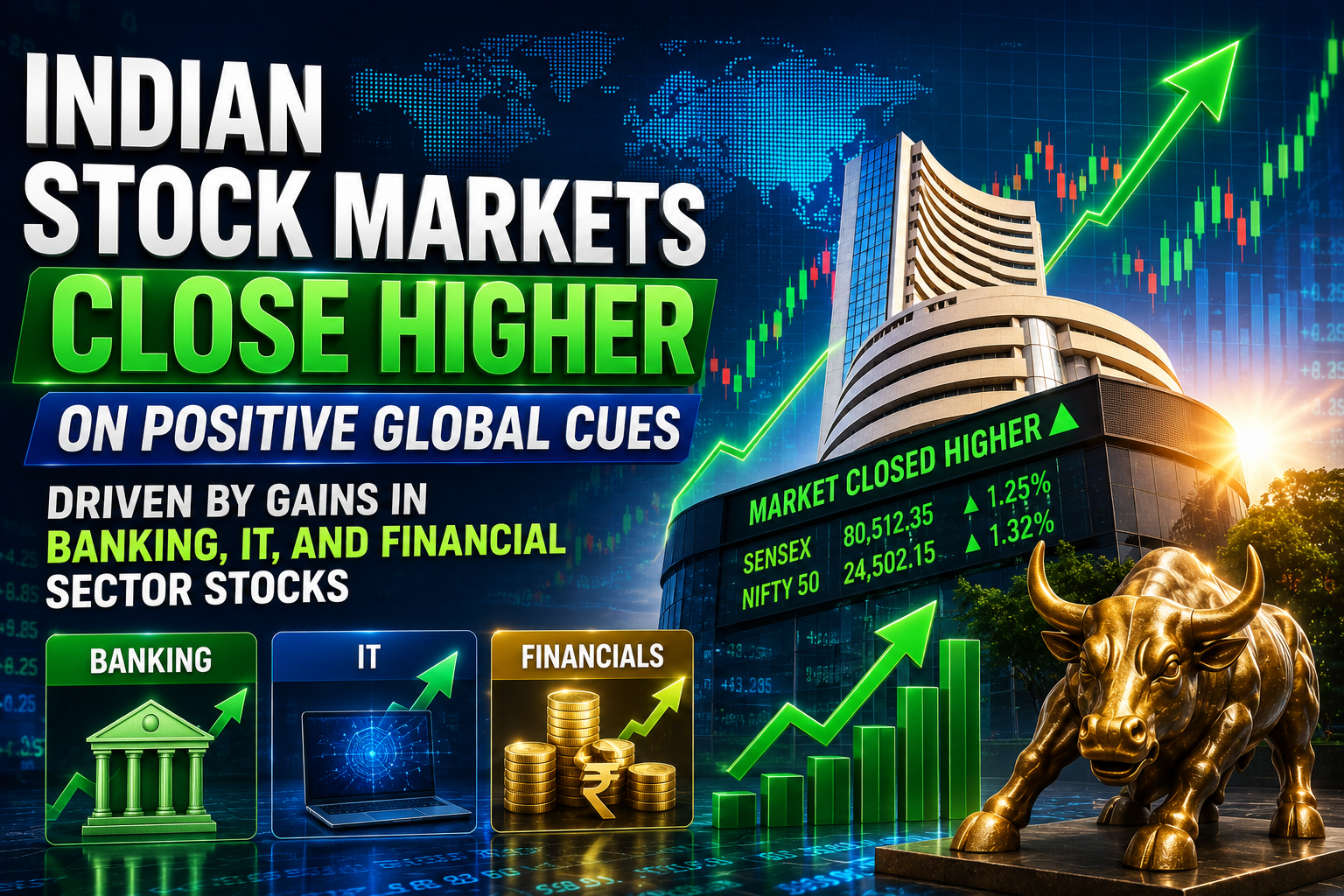 Indian stock markets close higher on positive global cues driven by gains in banking, IT, and financial sector stocks