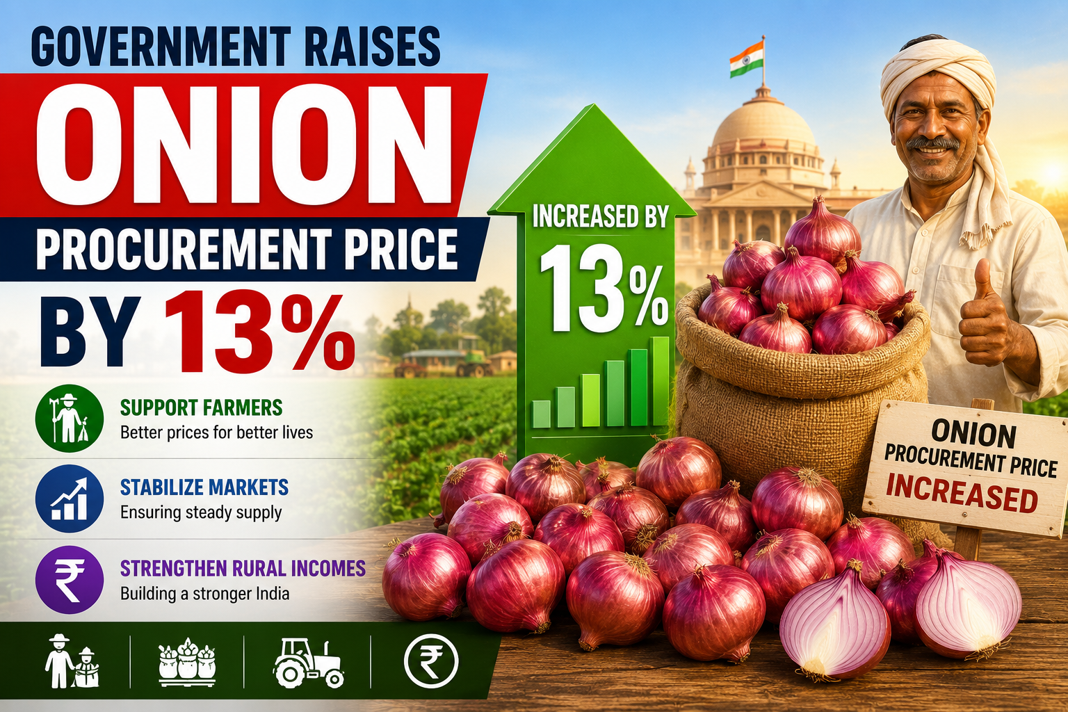 Government raises onion procurement price by 13 percent to support farmers, stabilize agricultural markets, and strengthen rural incomes in India