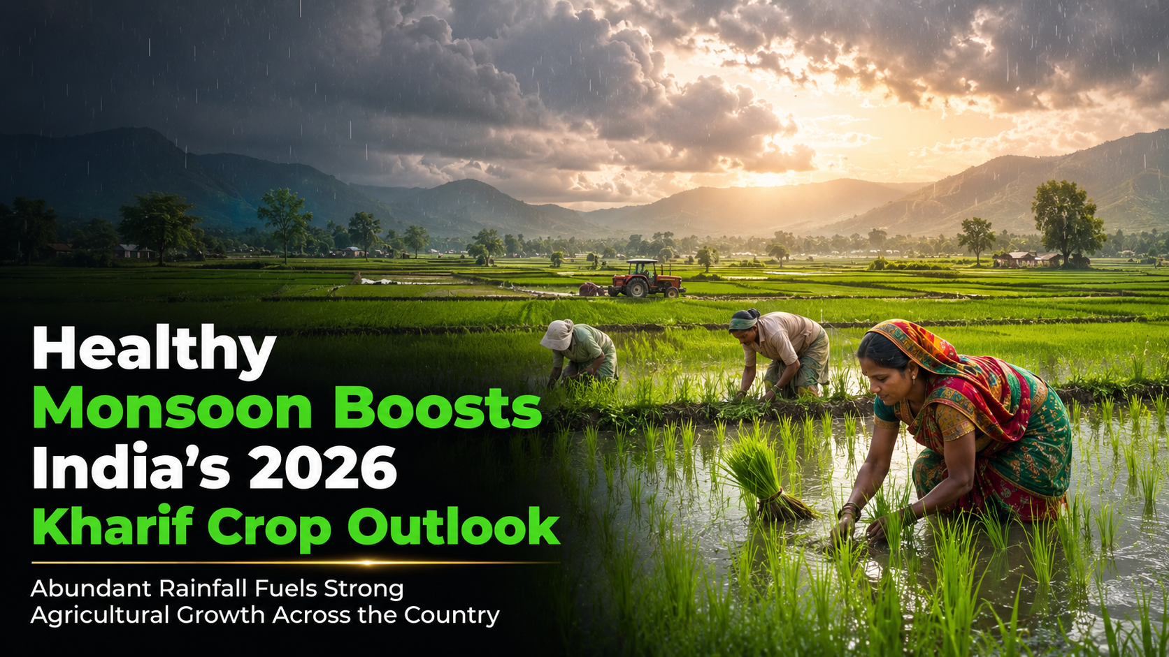 Healthy monsoon rainfall improves crop outlook across India as farmers cultivate lush green agricultural fields during the 2026 kharif season.