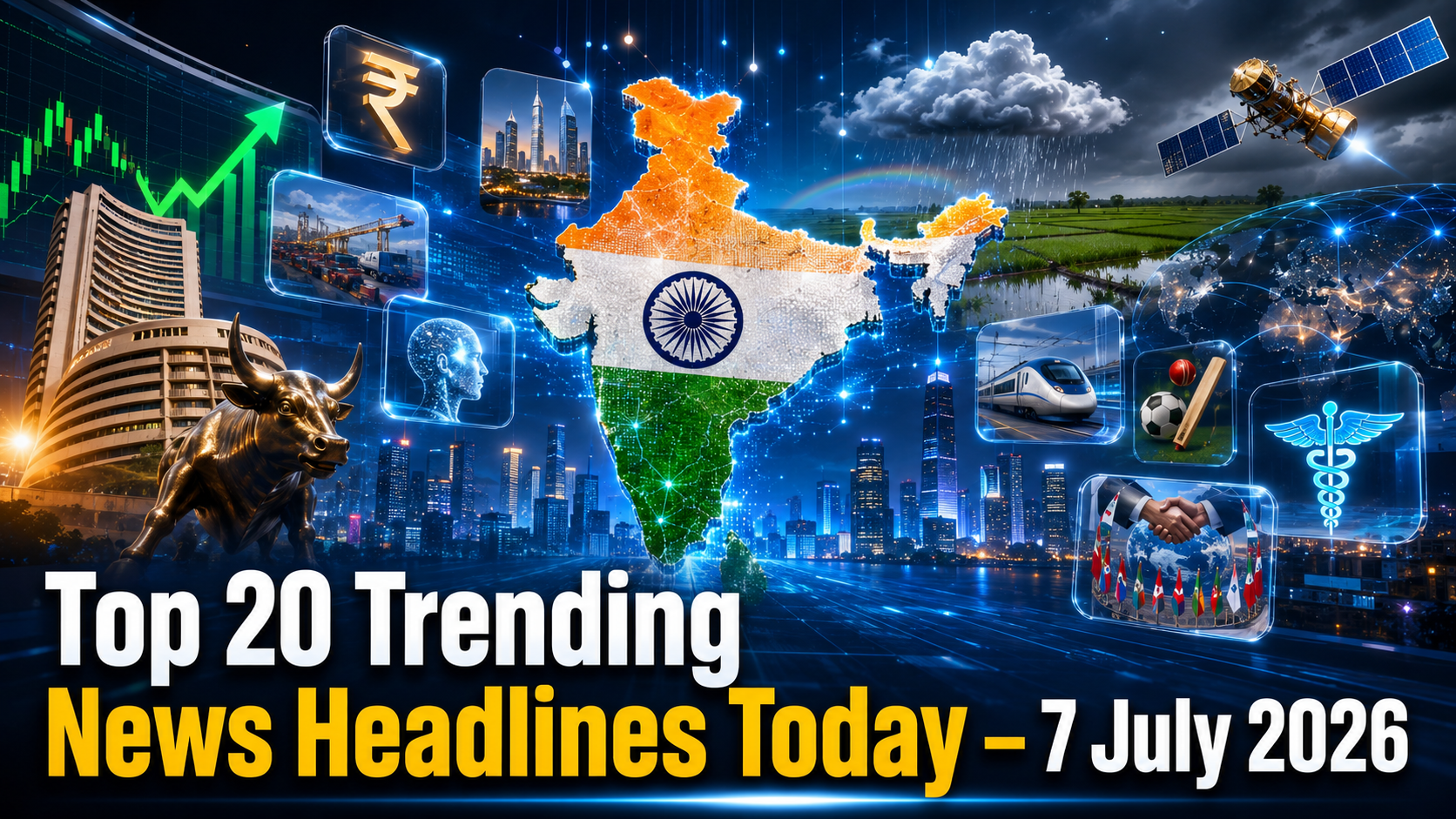 Top 20 Trending News Headlines Today 7 July 2026 featuring India's monsoon, stock market, economy, technology, politics, business, and world news updates.