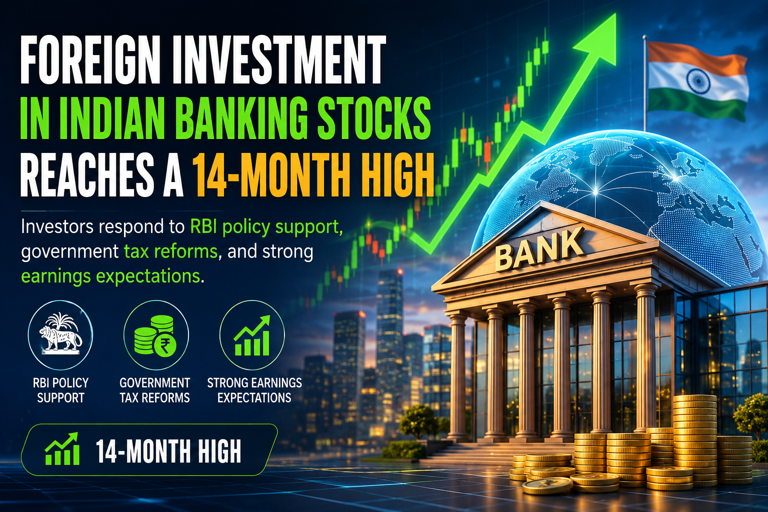 Foreign investment in Indian banking stocks reaches a 14-month high as investors respond to RBI policy support, government tax reforms, and strong earnings expectations.