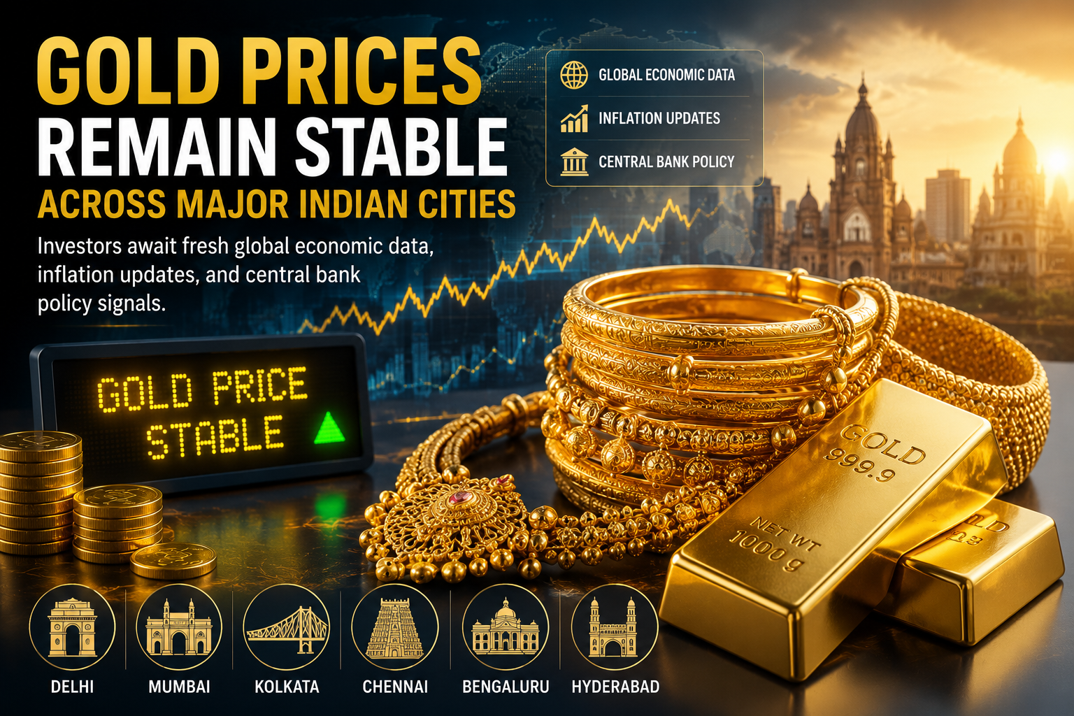Gold prices remain stable across major Indian cities as investors await fresh global economic data, inflation updates, and central bank policy signals.