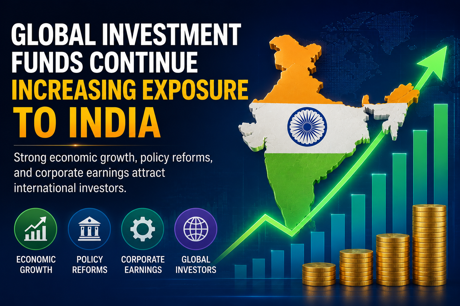 Global investment funds continue increasing exposure to India as strong economic growth, policy reforms, and corporate earnings attract international investors.