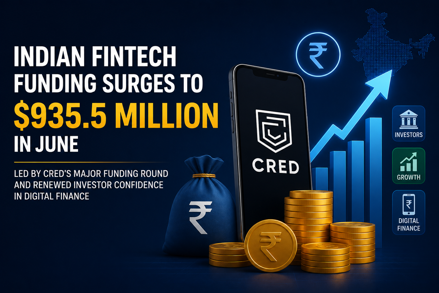 Indian fintech funding surged to approximately $935.5 million in June, led by CRED's major funding round and renewed investor confidence in the digital finance sector.