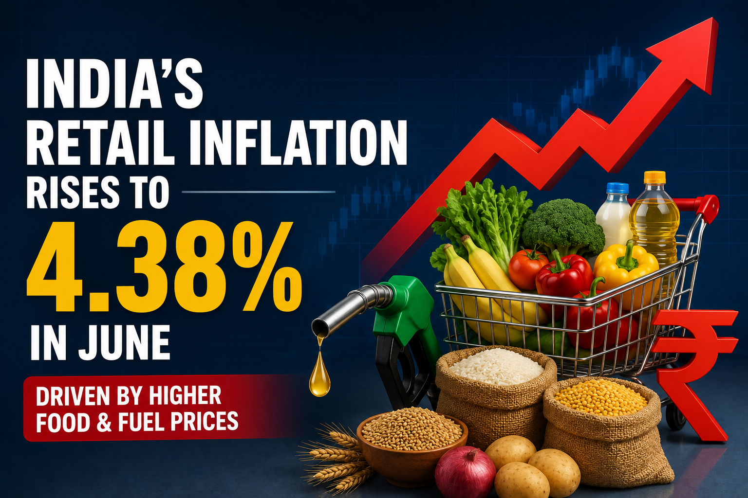 India's retail inflation rises to 4.38% in June, driven by higher food and fuel prices, impacting consumers, businesses, and the broader economy.