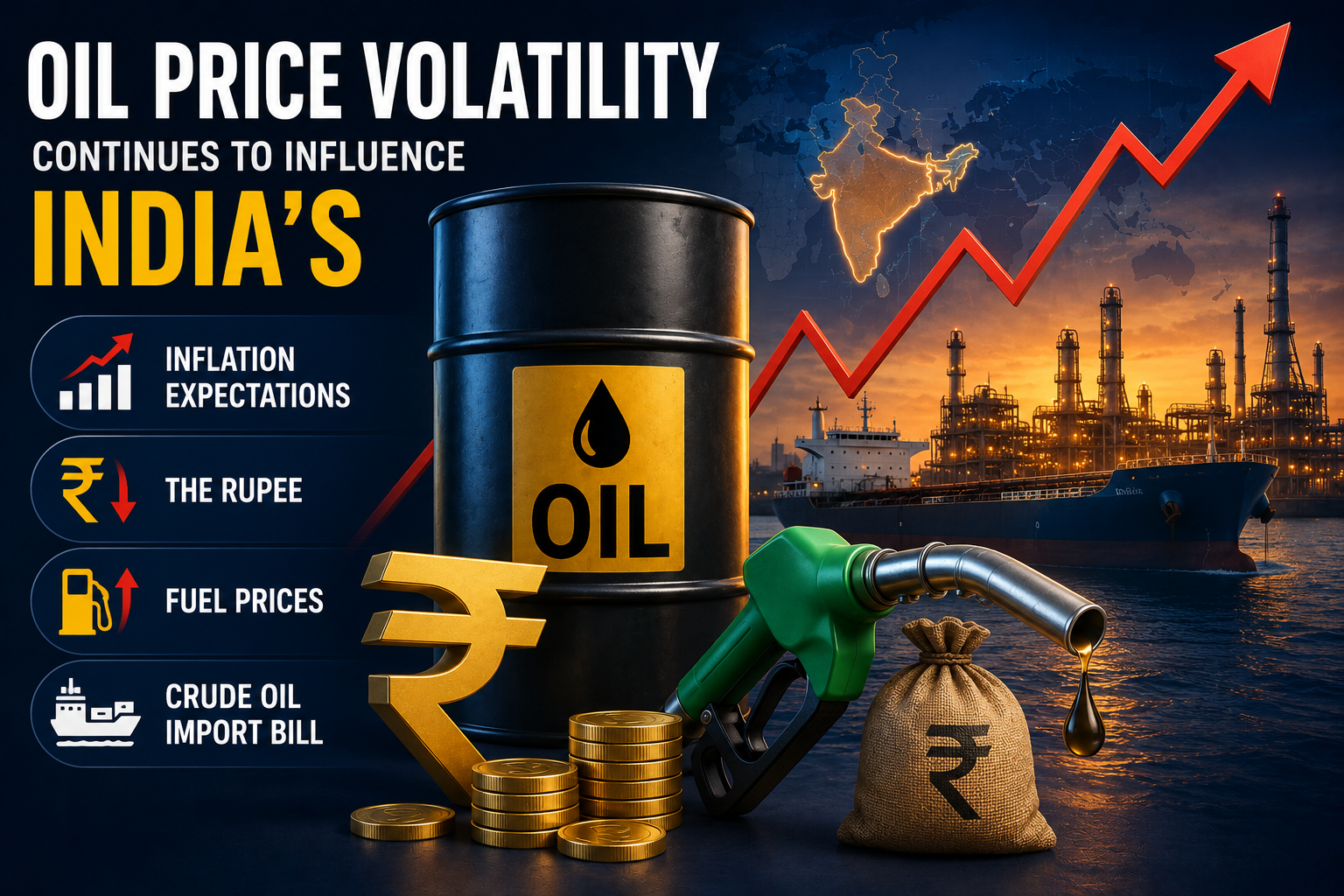 Oil price volatility continues to influence India's inflation expectations, the rupee, fuel prices, and the country's crude oil import bill.