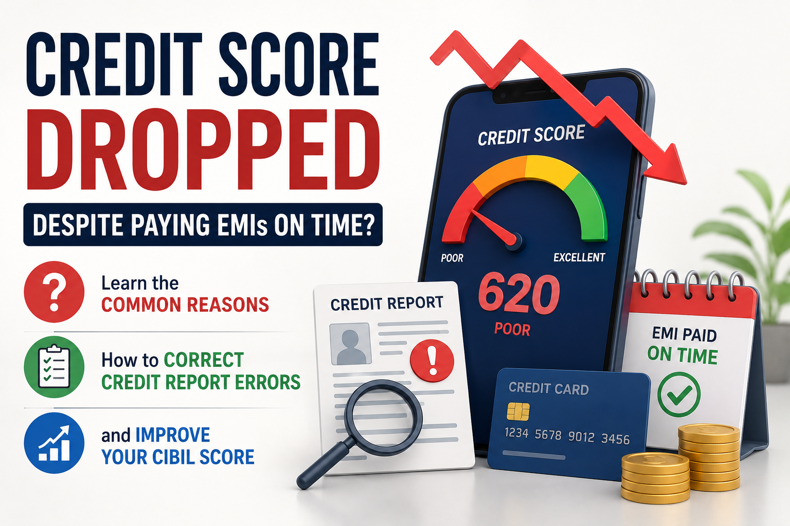 Credit score dropped despite paying EMIs on time? Learn the common reasons, how to correct credit report errors, and improve your CIBIL score.