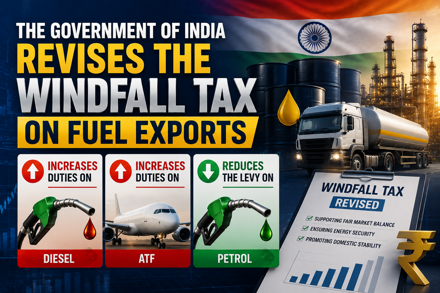The Government of India revises the windfall tax on fuel exports, increasing duties on diesel and ATF while reducing the levy on petrol exports.