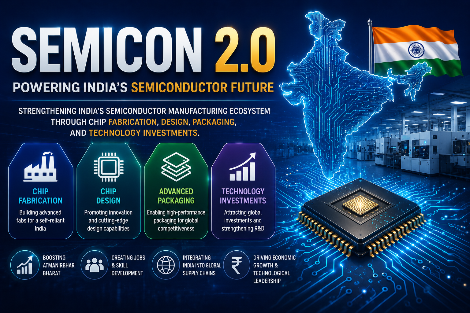 Semicon 2.0 aims to strengthen India's semiconductor manufacturing ecosystem through chip fabrication, design, packaging, and technology investments.