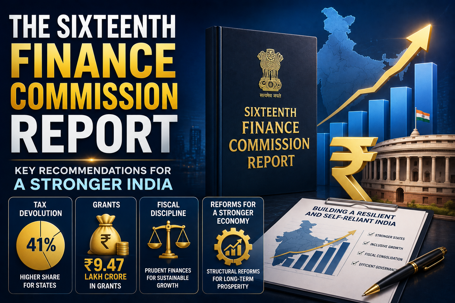 The Sixteenth Finance Commission Report recommends 41% tax devolution, ₹9.47 lakh crore in grants, fiscal discipline, and reforms to strengthen India's economy.