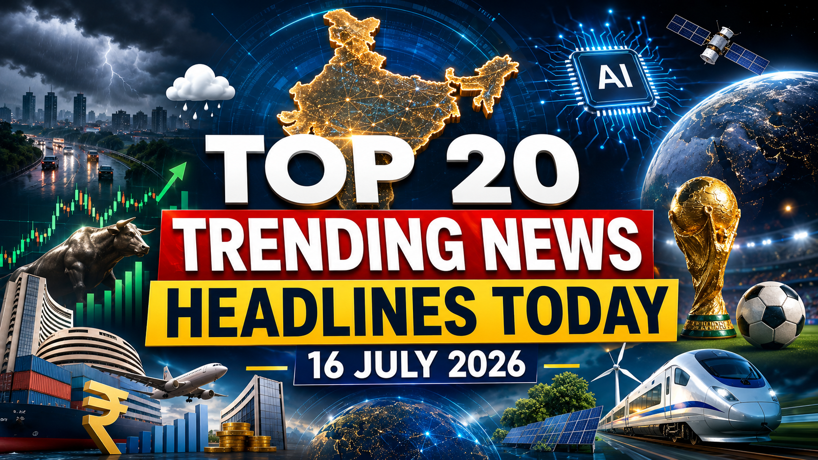 Top 20 Trending News Headlines Today 16 July 2026 featuring monsoon updates, stock market, business, AI, FIFA World Cup, technology, and global news.