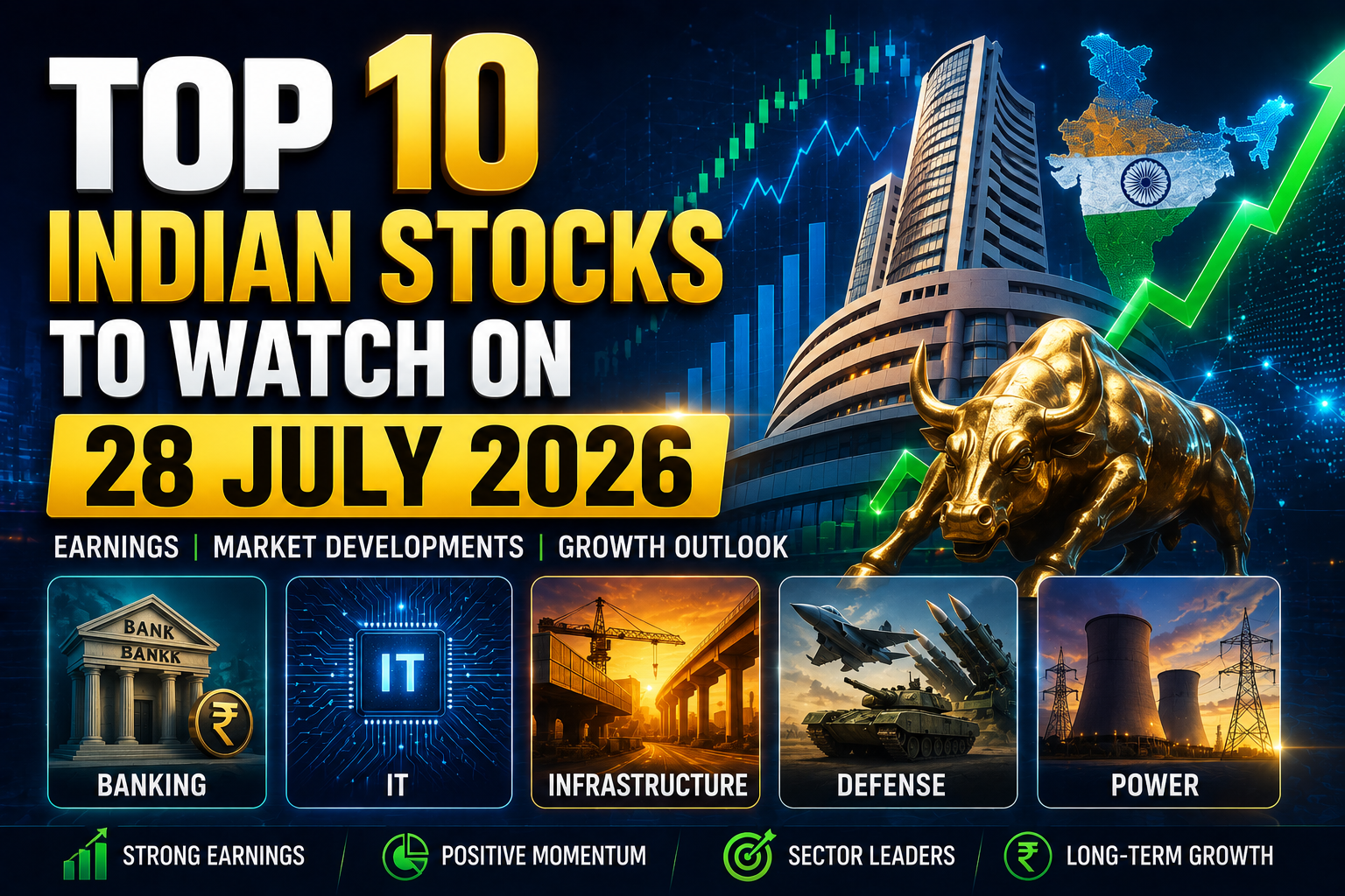 Top 10 Indian stocks to watch on 28 July 2026, including banking, IT, infrastructure, defense, and power companies based on earnings and market developments.